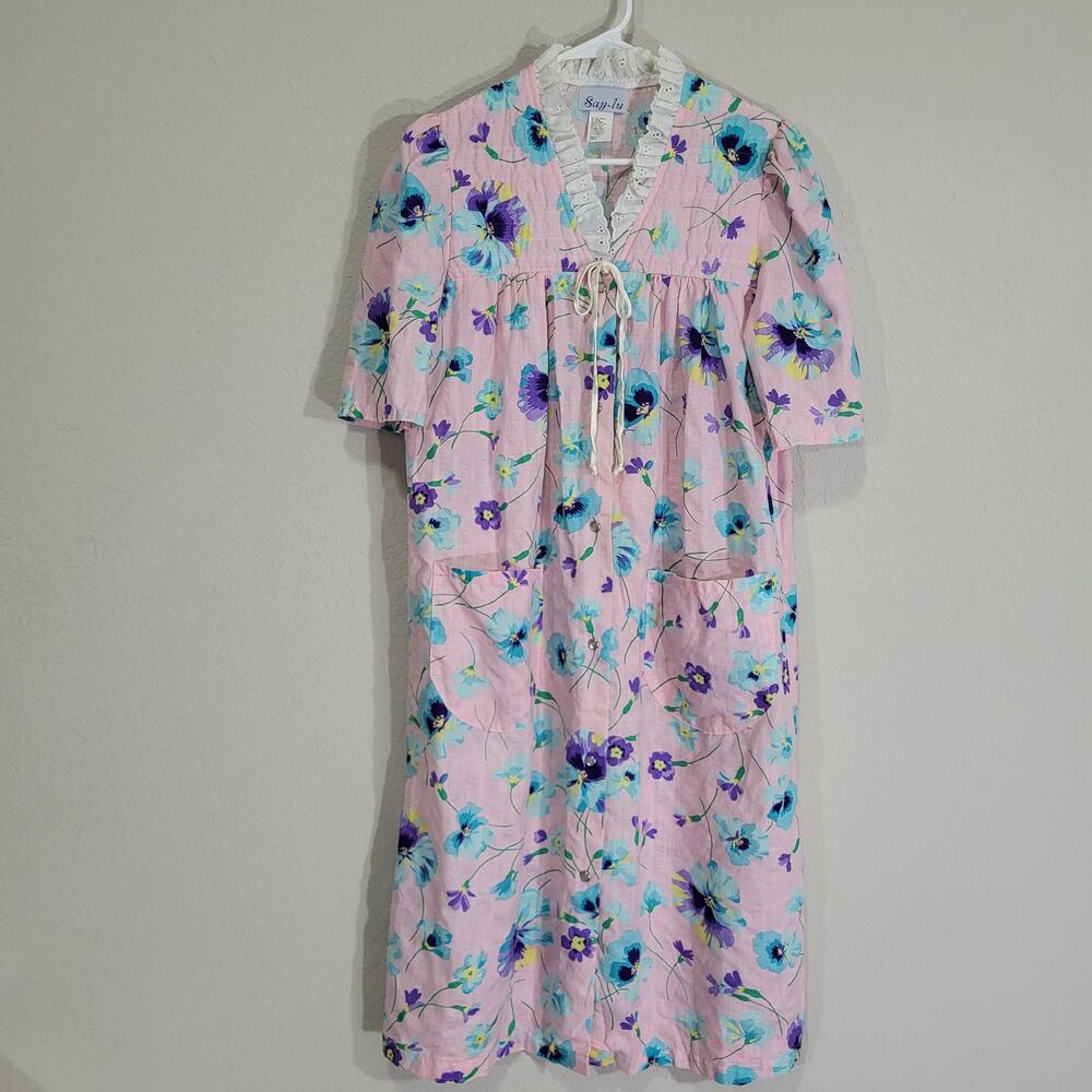 Vintage Robe Say Lu Womens Small XS Pink Floral Short Sleeves Spring Summer
